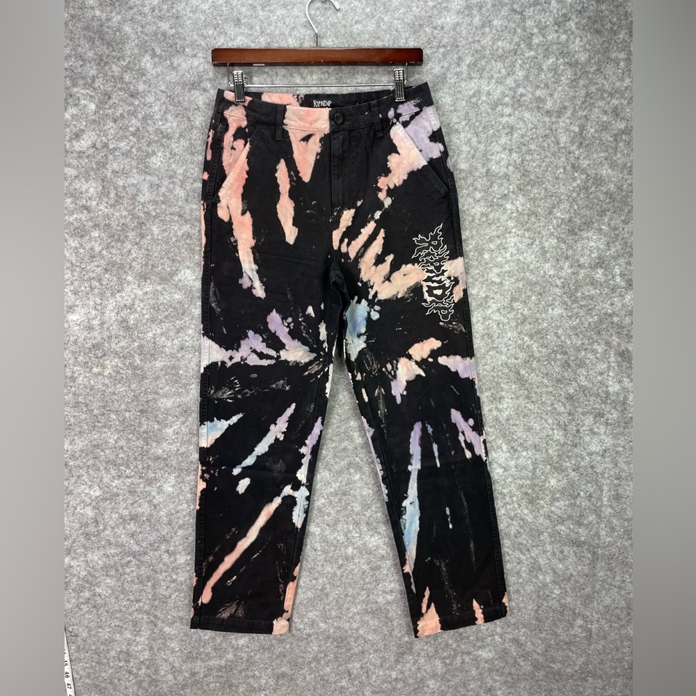 RIPNDIP Pants Mens 28 Black Tie Dye Bleach Flame Logo Streetwear Cotton Chino